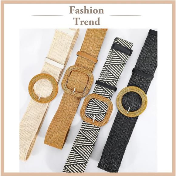 4 Pack Straw Woven Elastic Stretch Waist Belt Fashion Boho Dress Braided Belts main image 6